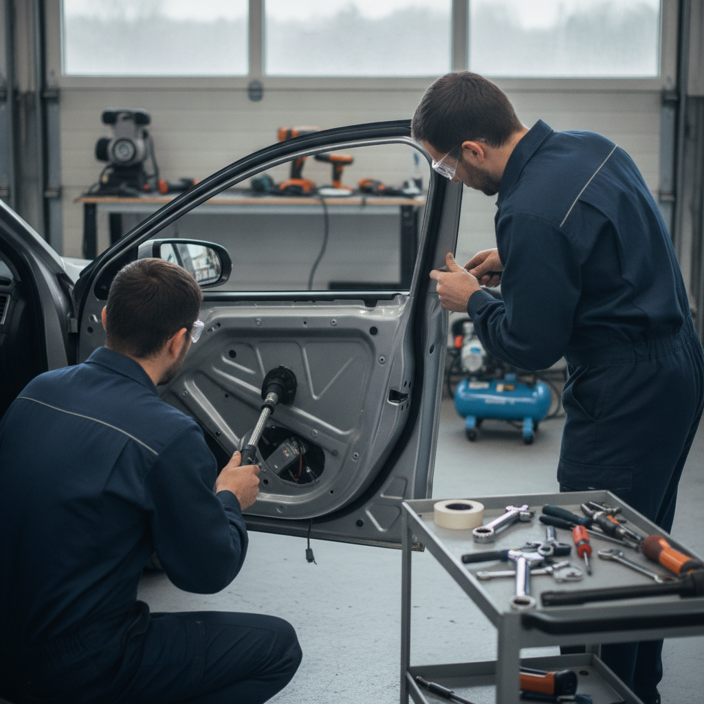 Create a realistic, professional service-business photograph showing Side Window Repair from behind, with the backs of their heads visible. Do not show any faces, facial features, front-facing views or side views, profiles, or identifiable 