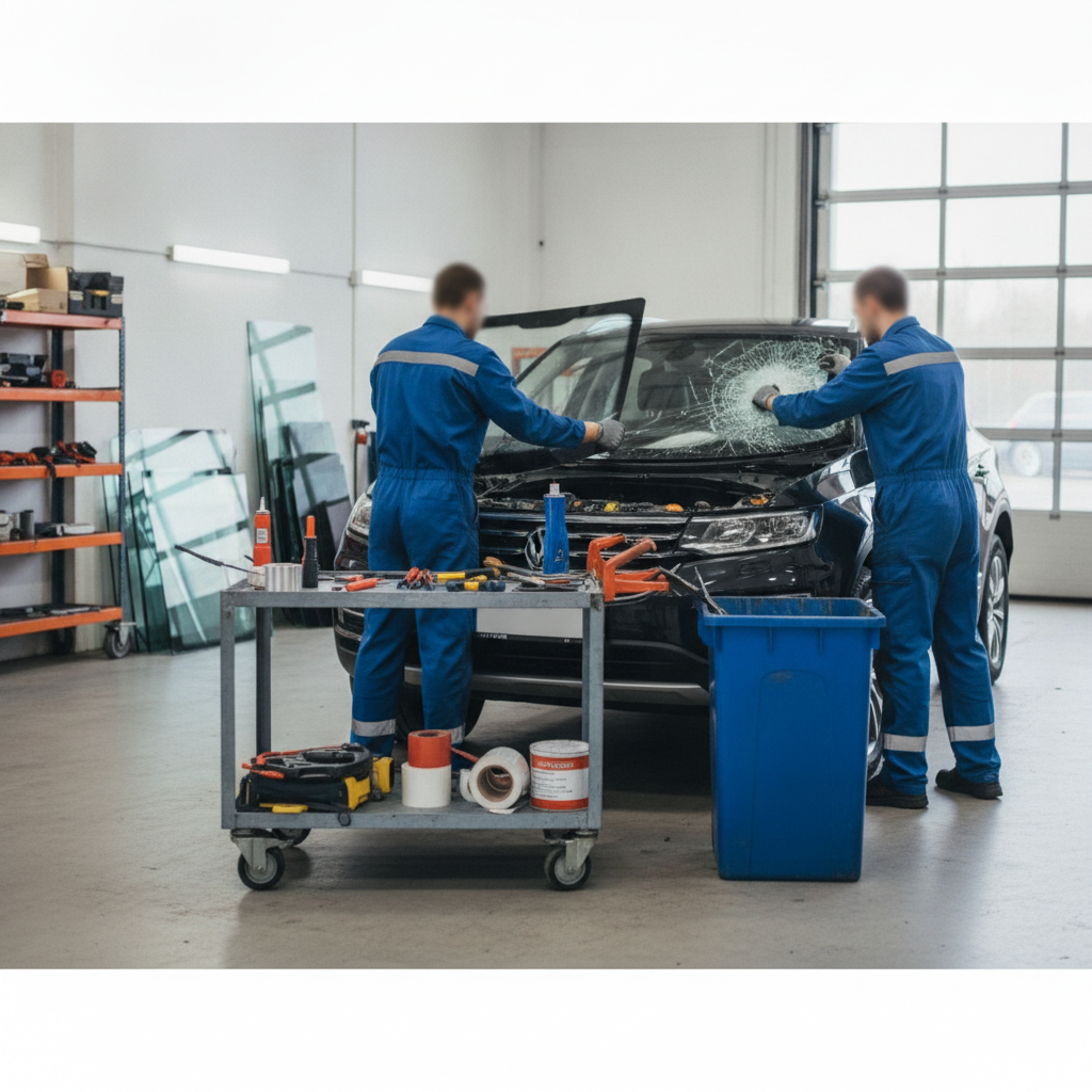 Create a realistic, professional service-business photograph showing Car Window Replacement from behind, with the backs of their heads visible. Do not show any faces, facial features, front-facing views or side views, profiles, or identifia