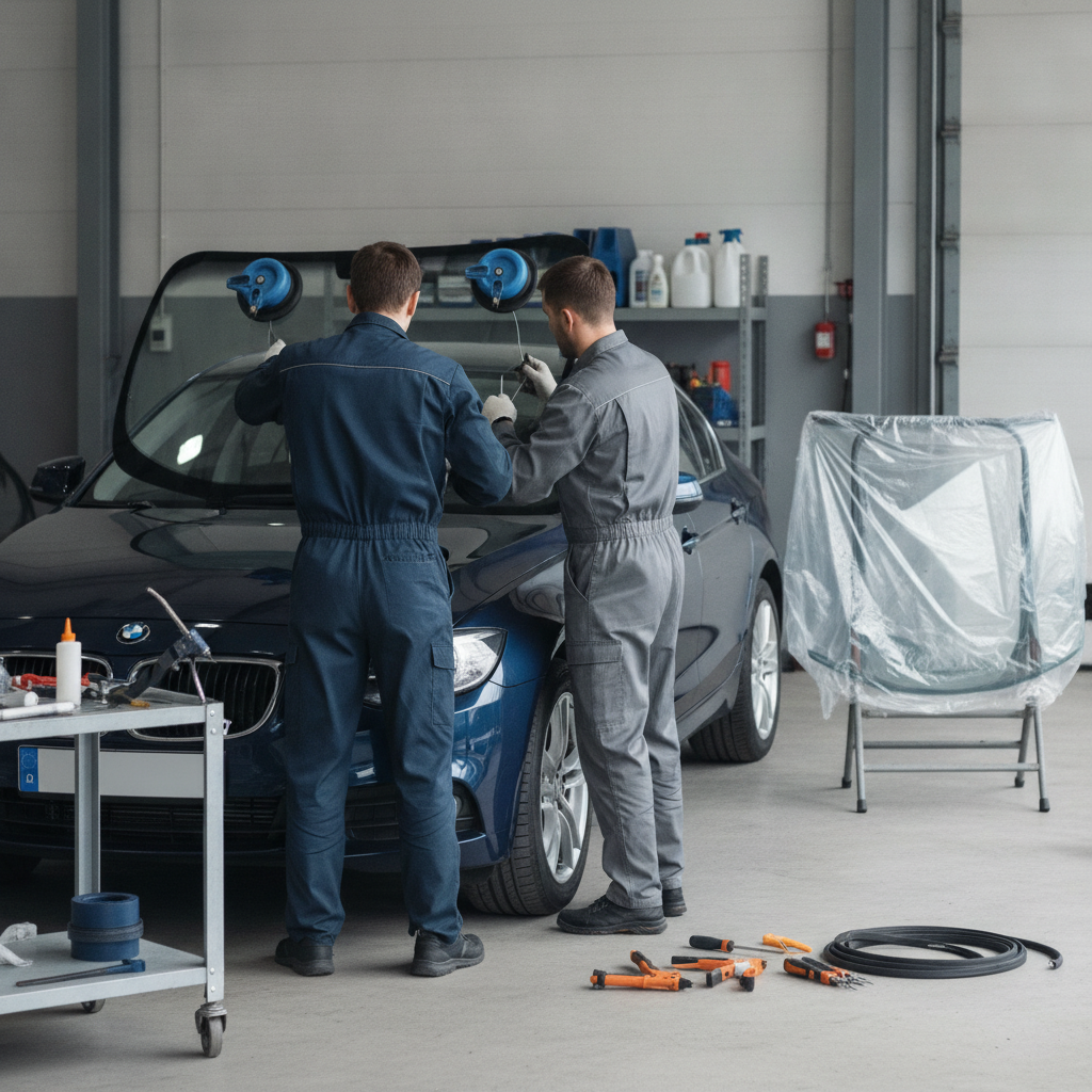 Create a realistic, professional service-business photograph showing Windshield Replacement from behind, with the backs of their heads visible. Do not show any faces, facial features, front-facing views or side views, profiles, or identifia