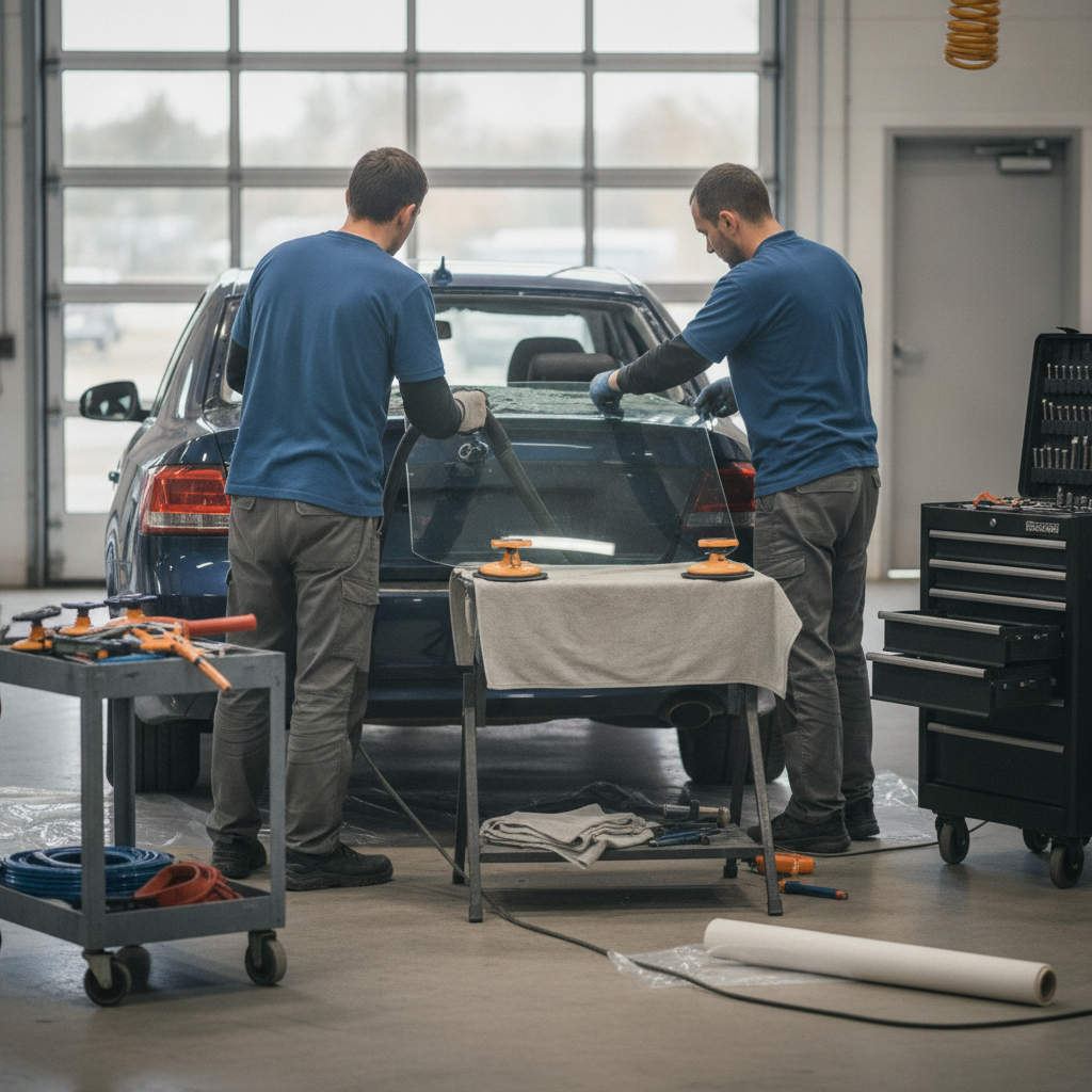 Create a realistic, professional service-business photograph showing Rear Window Replacement from behind, with the backs of their heads visible. Do not show any faces, facial features, front-facing views or side views, profiles, or identifi