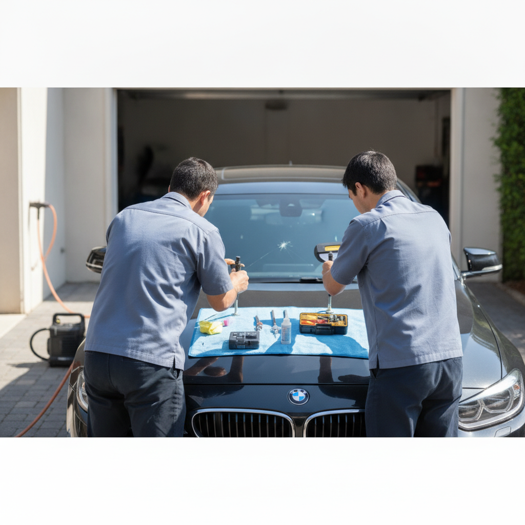 Create a realistic, professional service-business photograph showing Windshield Repair from behind, with the backs of their heads visible. Do not show any faces, facial features, front-facing views or side views, profiles, or identifiable p