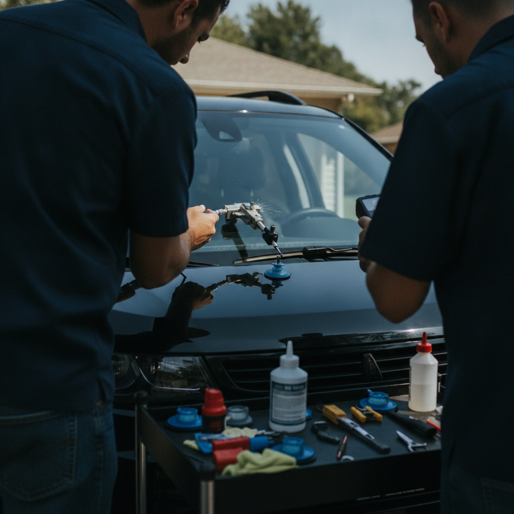 Create a realistic, professional service-business photograph showing Windshield Chip Repair from behind, with the backs of their heads visible. Do not show any faces, facial features, front-facing views or side views, profiles, or identifia